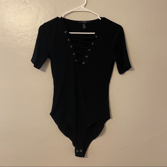 Forever 21 Black Ribbed Lace-Up Short-Sleeve Bodysuit - Picture 1 of 8
